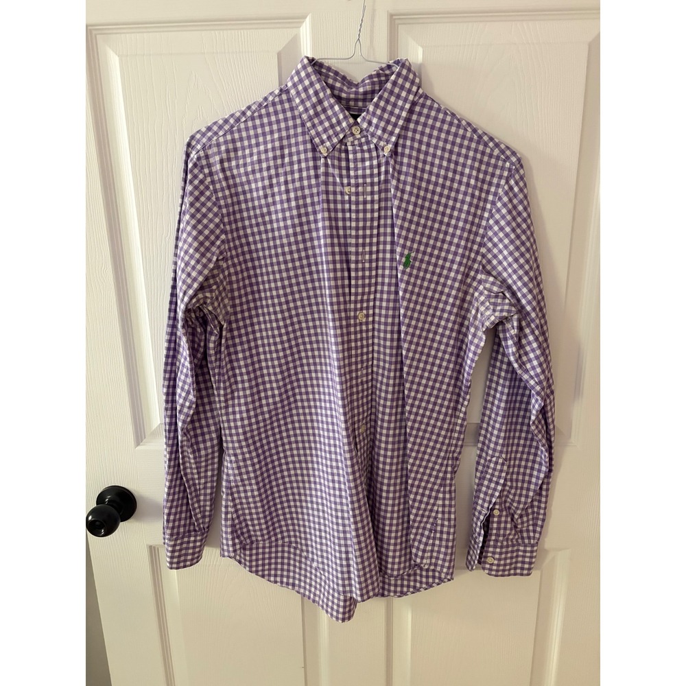Ralph Lauren Mens Custom Fit Gingham Button Down Shirt Purple White Medium